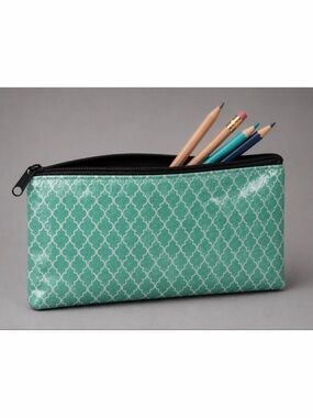 Teal/White Moroccan Quatrefoil Trellis Print Zipper Pencil Pouch, OS